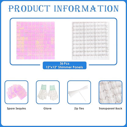 Shimmer Wall Backdrop Pink Iridescent Square Sequin Wall Panel Backdrop Decor for Wedding, Anniversary, Birthday, Party, 36 Panels