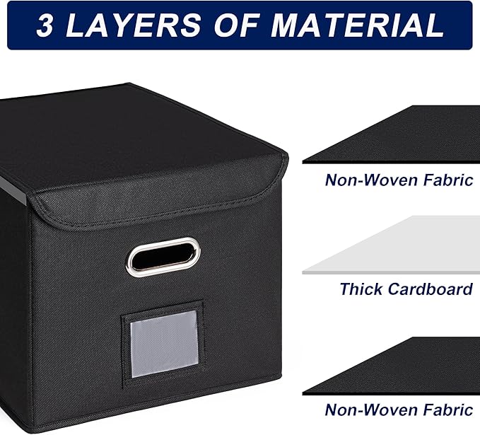 CADONO File Organizer Box with Lid, Large Hanging File Folder Organizer with Plastic Slide, Collapsible Portable Filing Storage Boxes for Office/Decor/Home (Black, 14.9 x 12.59 x 10.8 inch)