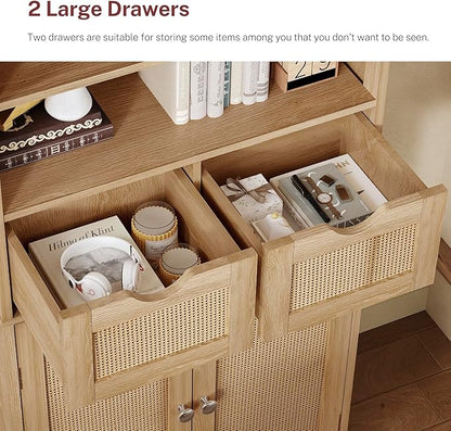 Iwell Tall Storage Cabinet, Rattan Cabinet with 2 Drawers & Adjustable Shelf, Kitchen Pantry Storage Cabient, Entryway Cabinet for Living Room, Dining Room, Home Office, Natural
