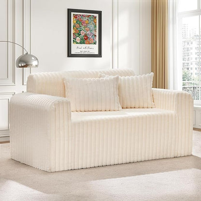 Hobestluk Couch Sofa 2-Seater Foam Sofa Loveseat for Small Spaces Comfy Sofas with Removable Cover Furry Couch with Pillows for Living Room, Bedroom, Apartment, Office (White, Loveseat)