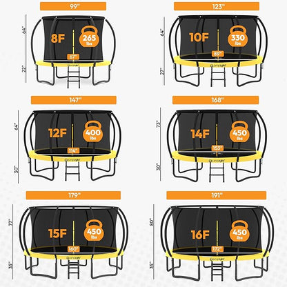 JUMPZYLLA Trampoline Outdoor 8FT 10FT 12FT 14FT 15FT 16FT with Enclosure and Ladder, ASTM Approved Recreational Trampoline for Kids and Adults, Anti-Rust Coated Frame