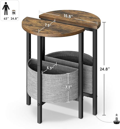 Vagusicc Small Round Side Table, Accent End Table with Storage Basket, Set of 2 Half Round Coffee Table End Table, Half Moon Bedside Table, Modern Nightstand Couch Table for Living Room Bedroom, Brown
