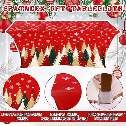 Oudain 2 Pcs Christmas Stretch Table Cover 6 Feet Red Green and Gold Xmas Spandex Table Clothes Christmas Trees Snowflake Party Decorations for Holiday Party Celebration Picnic Dinner Decor