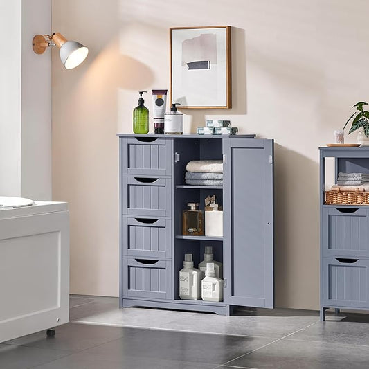 Yaheetech Large Bathroom Storage Cabinet, Freestanding Floor Cabinet with 4 Dawers and 1 Door, Adjustable Shelf, Bathroom Storage Organizer with 3 Shelves, for Living Room Kitchen Hallway, Gray