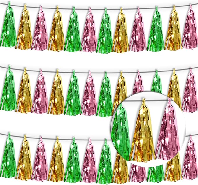 3P Sage-Green Gold Pink Tassel Banner Garland Metallic Foil Fringe Banner Tinsel Tassels Streamer Banner Backdrop for Parade Floats, 2025 Graduation Decorations, Woodland Party Decoration