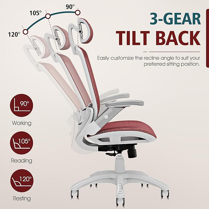 GABRYLLY Ergonomic Office Chair, High Back Home Desk Chair with Headrest, Flip-Up Arms, 90-120° Tilt Lock and Wide Cushion, 300LBS Mesh Chairs for Man Woman, White Task Chair(Red,GY01WR)