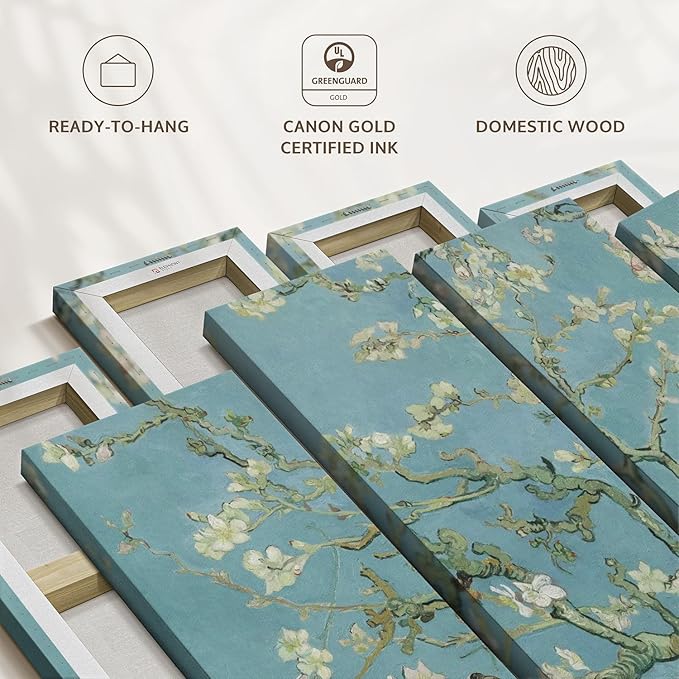 ElephantStock Almond Blossoms Wall Art - Horizontal Canvas - 4-Piece Living Room Wall Decor - Flower Painting Canvas Print - Blue and Green Decor for Wall by Vincent Van Gogh - 24" X 14"