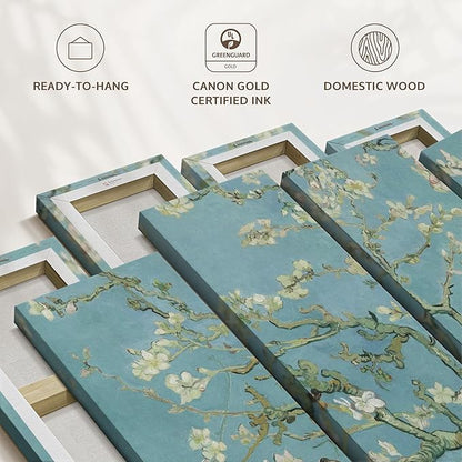 ElephantStock Almond Blossoms Wall Art - Horizontal Canvas - 4-Piece Living Room Wall Decor - Flower Painting Canvas Print - Blue and Green Decor for Wall by Vincent Van Gogh - 68" X 42"