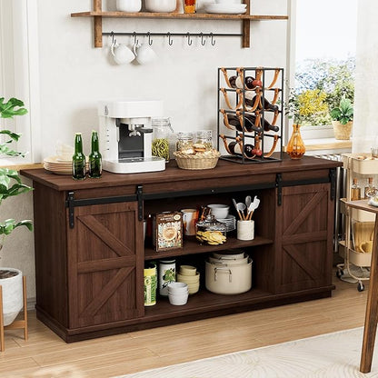 Shahoo Farmhouse Sideboard Buffet Cabinet, Coffee Bar Storage with Sliding Barn Doors, Shelf for Home Dining Room, Espresso
