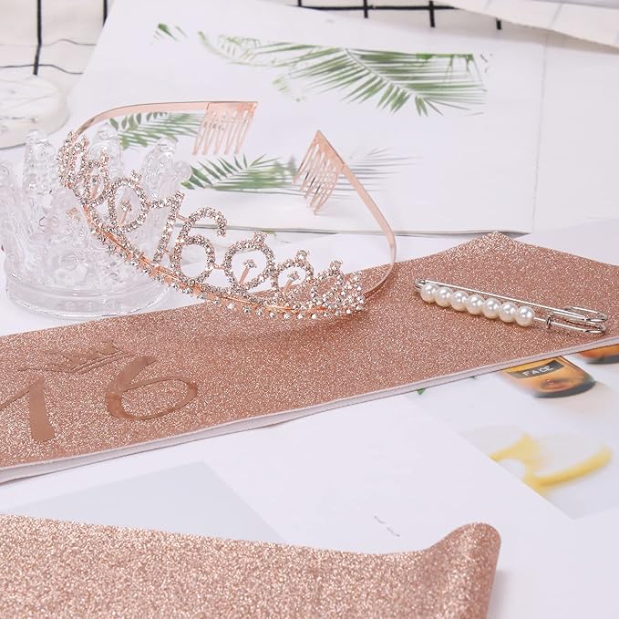 CIEHER 16th Birthday Crown & Sweet 16 Sash & Pearl Pin Set, Birthday Tiara and Crown for Girls, Birthday Girl Sash, Sweet 16 Birthday Decorations for Girls, Sweet Sixteen Gifts