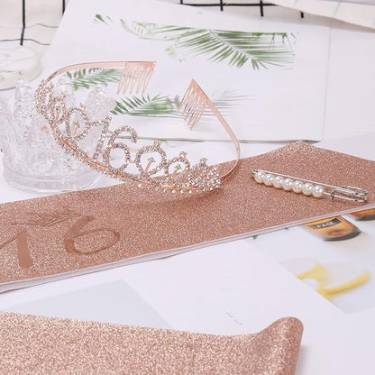 CIEHER 16th Birthday Crown & Sweet 16 Sash & Pearl Pin Set, Birthday Tiara and Crown for Girls, Birthday Girl Sash, Sweet 16 Birthday Decorations for Girls, Sweet Sixteen Gifts
