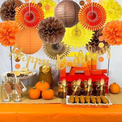 Fall Birthday Decorations Orange Autumn Hanging Paper Fans Orange Brown Yellow Tissue Pom Poms Lantern Circle Dot Garlands Happy Birthday Banner for Baby Shower Fall Harvest Party Decor