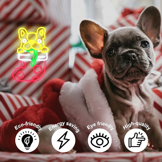 Christmas Stocking Dog Neon Sign Dimmable French Bulldog Neon Light Candy Cane LED Sign for Wall Cute Animal Neon Lights Signs for Bedroom Restaurant Pet Shop Party Christmas Decor