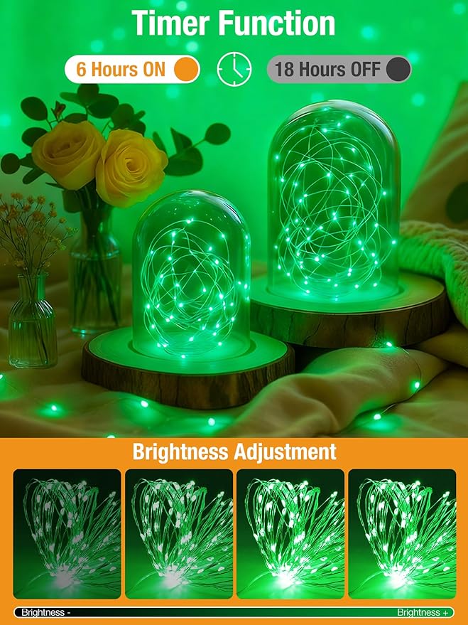 btfarm 4 Pack Fairy Lights Battery Operated with Timer, 16.4 FT 50 LED Silver Wire Twinkle String Lights 8 Modes Dimmable Waterproof for Indoor Christmas Bedroom Wedding Decorations, Green