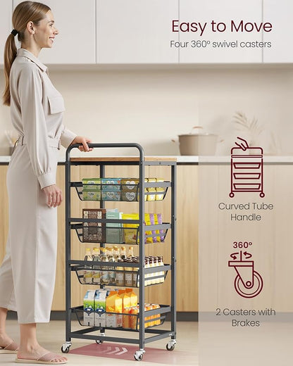 VASAGLE Storage Rolling Cart with Pull-Out Baskets, 5-Tier Utility Cart Orgnizer with Wheels for Laundry Room, Kitchen, Handle, 12.5 x 15.8 x 37.4 Inches, Rustic Brown and Ink Black ULRC041K01