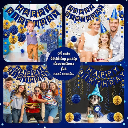 Navy Blue Birthday Decorations with Happy Birthday Banner, Paper Honeycomb Balls, Circle Garland and Hanging Swirl Decorations