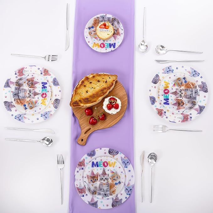 WELLIFE 20PCS Cat Theme Party Plates - Reusable Plastic Dinner & Dessert Plates (10×9.2" + 10×6.3") Kitten Birthday Party Supplies for Kids, Cute Cat Decorations for Girls Party