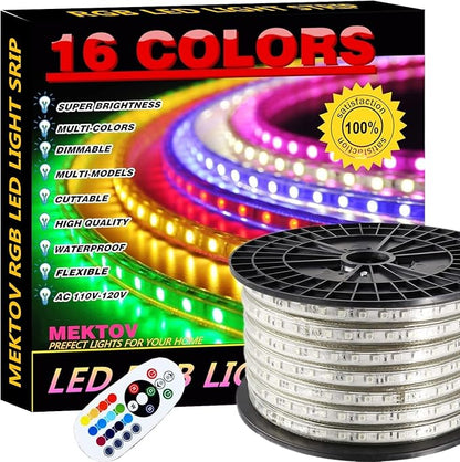 5050 RGB LED Strip Lights AC 110V Home Decoration Multi-Colors/Dimmable/Multi-Modes/Waterproof/Flexible LED Rope Light with Remote (65.5ft/20m)