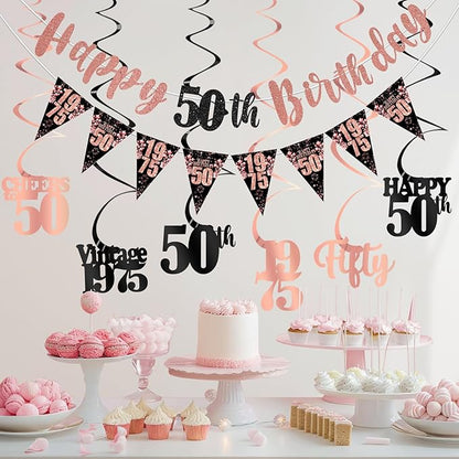 50th Birthday Decorations for Women, Black Rose Gold Happy 50th Birthday Banner Hanging Swirls Vintage 1975 Decorations Kit Cheers to 50 Party Supplies