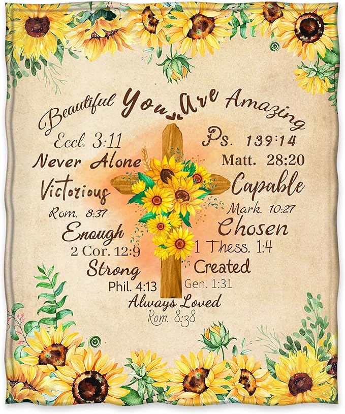 Jekeno Christian Sunflower Floral Blanket Gifts for Women Mom Girls Female Friends Mother's Day Birthday Christmas Inspirational Religious Faith Presents Flower Plush Throw Blankets 60"x80"