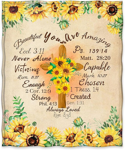 Jekeno Christian Sunflower Blanket Inspirational Spiritual Religious Faith Gifts for Women Men Kids Girls Female Friends Birthday Christmas Halloween Presents Flower Floral Decor Plush Throw 50"x60"