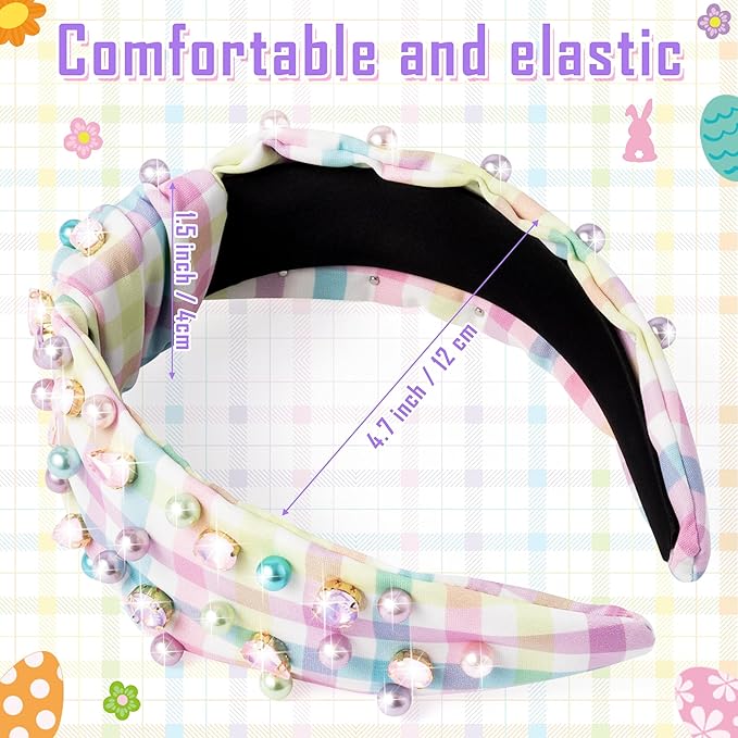 PANTIDE Pearl Jeweled Knotted Headband - Colorful Pearl Rhinestone Beads Embellished Headband Non Slip Wide Top Knot Costume Hairband Hair Accessories Spring Birthday Gift for Women Girls (Plaid)