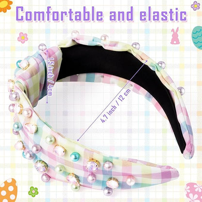 PANTIDE Pearl Jeweled Knotted Headband - Colorful Pearl Rhinestone Beads Embellished Headband Non Slip Wide Top Knot Costume Hairband Hair Accessories Spring Birthday Gift for Women Girls (Plaid)