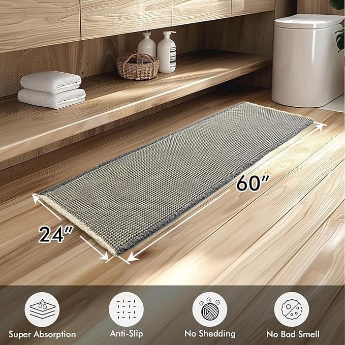 MIULEE Set of 2 Waffle Bathroom Runner Rugs, Boho Bath Rug Non Slip Washable, Super Absorbent Runner Bath Mats, Rubber Backed, Ideal for Hallway Laundry Room, Dark Grey & Yellow, 2'x5'(24x60 Inch)