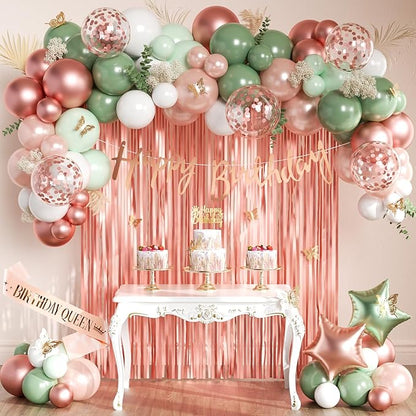 Sage Green and Rose Gold Birthday Party Decorations with Happy Birthday Banner, Green White Rose Gold Foil Balloons, Sash, Fringe Curtain, Cake Topper, Butterfly for Women Girls Party Supplies