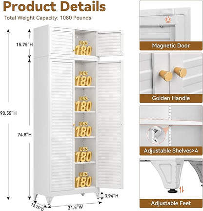 Kitchen Pantry Cabinet, 90" Tall Metal Storage Cabinet, Food Pantry cabinets with Doors and Shelves, Steel Cabinets for Living Room, Dining, White,16" D x 32" W x 90" H, Assembly Required