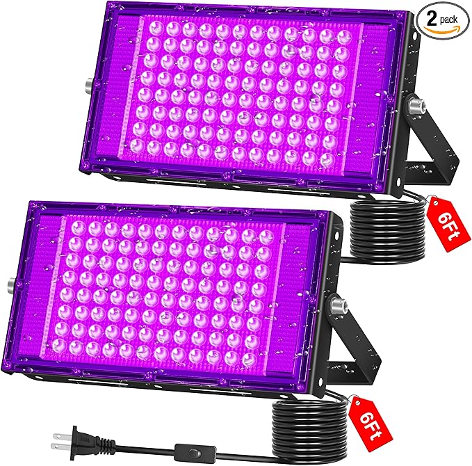 100W LED Black Light IP66 Waterproof, Outdoor Blacklight Flood Light with Plug+Switch+Cord, for Halloween Neon Glow in The Dark Party Body Paint Fluorescent Poster Classroom Club Dance Party, 2 Pack