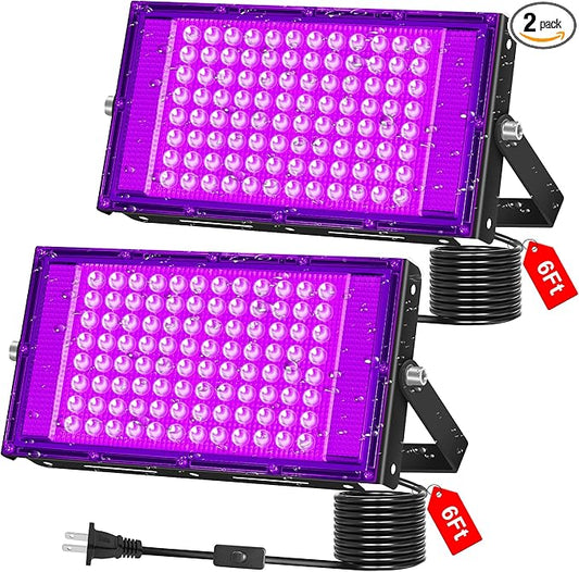 100W LED Black Light IP66 Waterproof, Outdoor Blacklight Flood Light with Plug+Switch+Cord, for Halloween Neon Glow in The Dark Party Body Paint Fluorescent Poster Classroom Club Dance Party, 2 Pack