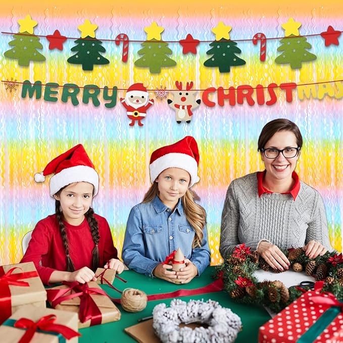 4 Pack Light Rainbow Fringe Curtain Backdrop 3.2Ft x 8.2Ft Metallic Tinsel Foil Fringe Streamers Background for Photo Booth Mother's Day, Easter, Carnival, Birthday, Wedding Party Decoration