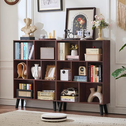 LEYAOYAO 7 Cube Bookshelf 3-Tier Bookcase with Legs, Mint-Walnut Kids Book Shelf Cute Storage Organizer, Toy Shelves Bookshelves,Wood Display Bookcases