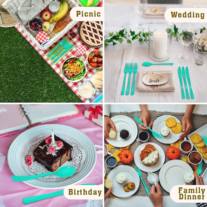 150 Pack Teal Plastic Silverware, Teal Plastic Cutlery Set - 50 Forks and 50 Spoons, 50 Knives for Brithday, Wedding