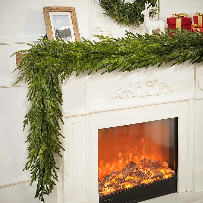9FT Christmas Garland Norfolk Pine Garland Real Touch Faux Greenery Cedar Garlands for Mantle,Table,Wall,Christmas Decorations Indoor Outdoor