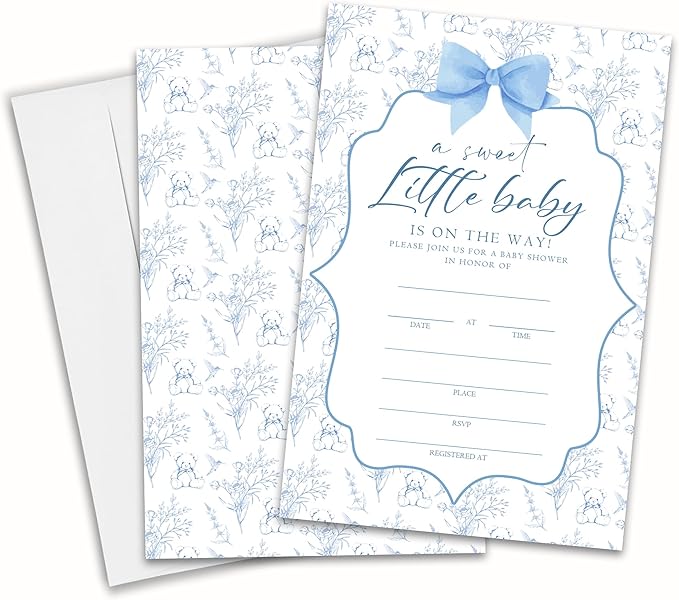Baby Shower Invitations, A Sweet Little Baby Is On The Way 25 Blue Floral Invites With Envelopes For Baby Girl, Gender Reveal, Baby Shower Favor And Supplies-A02