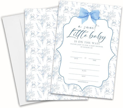 Baby Shower Invitations, A Sweet Little Baby Is On The Way 25 Blue Floral Invites With Envelopes For Baby Girl, Gender Reveal, Baby Shower Favor And Supplies-A02