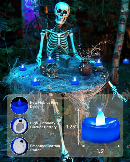 Flameless Candles, 24 Pack Tea Lights Candles Battery Operated, LED Tealight Candle, Realistic Tea Lights for Halloween Christmas Party Decor -D 1.5” x H 1.25” -Blue Candle