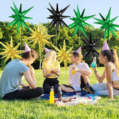 Black Green Gold Star Balloons,9Pcs 22Inch Black Green Gold Explosion Spike Cone Helium Polyester Film Star Foil Balloons for Birthday Anniversary Baby Shower Wedding Disco Party Decorations
