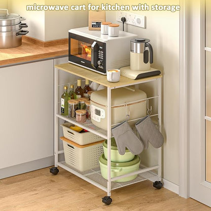 Rolling Kitchen Microwave Cart, 3 Tier Microwave Table Stand with Storage, Kitchen Utility Cart on Lockable Wheels, Small Coffee Station Shelf Rack Organizer for Living Room Office, Balcony