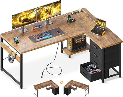 AODK L Shaped Gaming Desk with 4 Drawers, 53" Reversible Home Office Desks with Power Outlets, L Shaped Computer Desk with USB Charging Port and Host Stand, Corner Desk, Easy to Assemble, Vintage