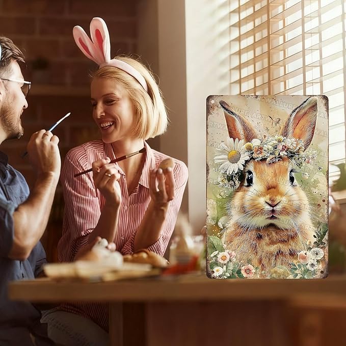 Easter Bunny Rabbit Tin Sign Vintage Metal Decor for Bedroom garen Living Room Kitchen Wall Decor Rabbit Art Gift 8x12Inch