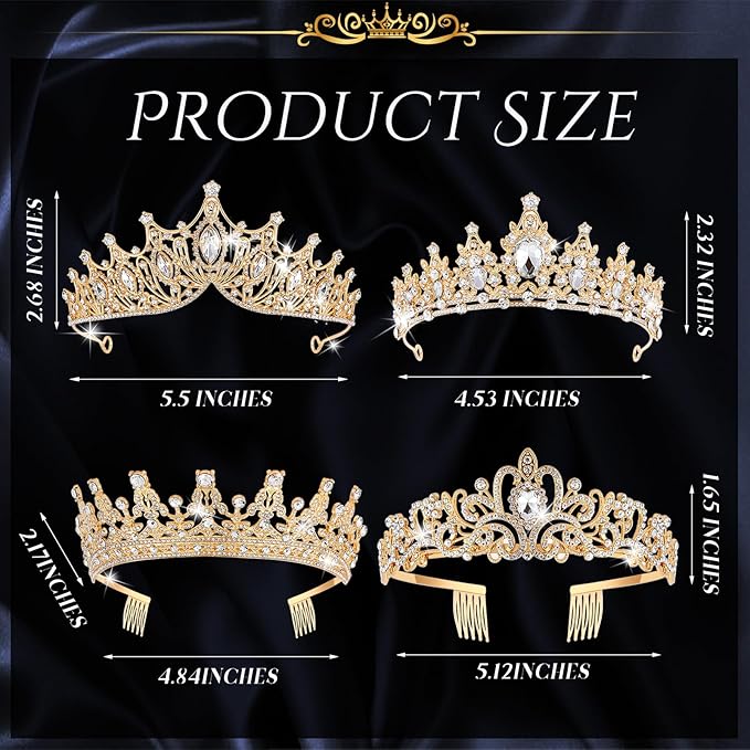 Kigeli 4 Pack Queen Crowns for Women Pageant Crown with Combs Princess Rhinestones Tiara Headband Prom Tiara for Quinceanera Birthday Cosplay Wedding(Gold)