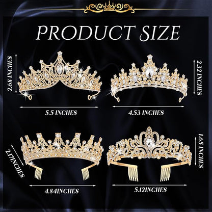 Kigeli 4 Pack Queen Crowns for Women Pageant Crown with Combs Princess Rhinestones Tiara Headband Prom Tiara for Quinceanera Birthday Cosplay Wedding(Gold)