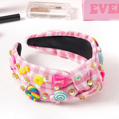 PANTIDE Candy Jeweled Knotted Headband - Christmas Rainbow Lollipop Rhinestone Embellished Preppy Headband Non Slip Wide Top Knot Hairband Accessories Birthday Gift for Women Girls (Pink Plaid)