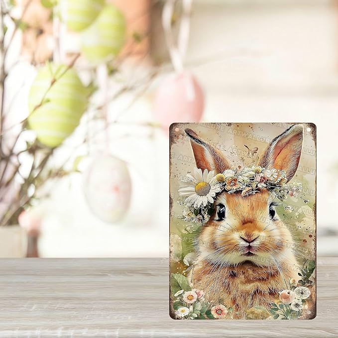 Easter Bunny Rabbit Tin Sign Vintage Metal Decor for Bedroom garen Living Room Kitchen Wall Decor Rabbit Art Gift 12x16Inch