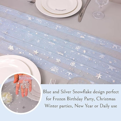 Snowkingdom Silver Snowflake Christmas Table Runner, 10ft Light Blue Silver Glitter Snowflakes Sheer Tulle Gauze Winter Table Runner for Seasonal Holidays, Wedding, Party, Home Dining Decoration