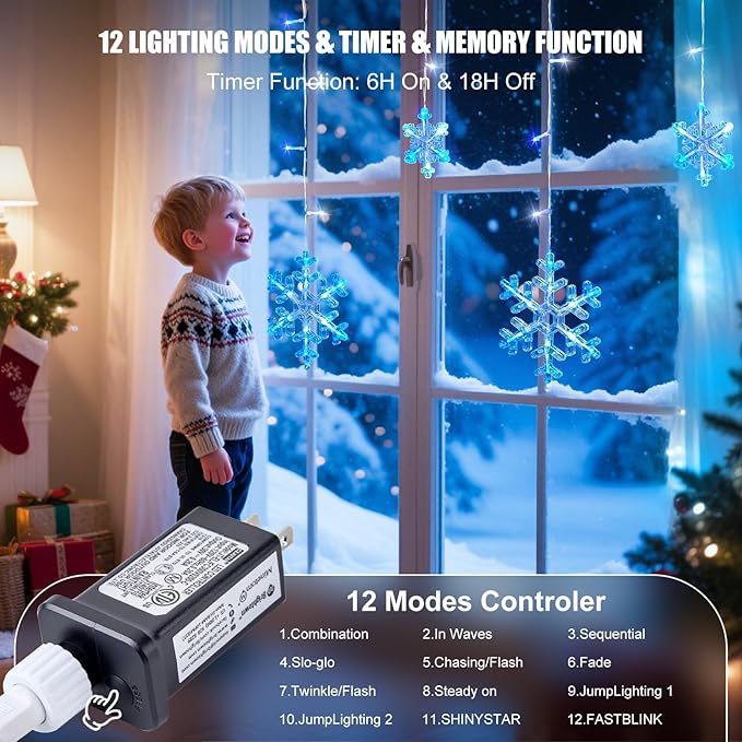 Minetom Christmas Snowflake Lights - 2 Pack 13 ft 192 LED Icicle Lights with 16 Drops, 12 Modes and Timer, IP65 Waterproof Connectable Christmas Light for House Eave Window Indoor Outdoor Decoration