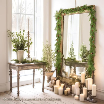 WBHome 2pcs Real Touch Cypress Cedar & Pine Cone Evergreen Garland for Christmas Holiday Seasonal Outdoor/Indoor Home Decor, 9FT Long